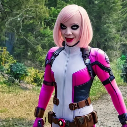 Image similar to A still of Gwenpool in Deadpool 3 (2023), blonde hair with pink highlights, no mask, white and light-pink outfit, smiling and winking at the camera