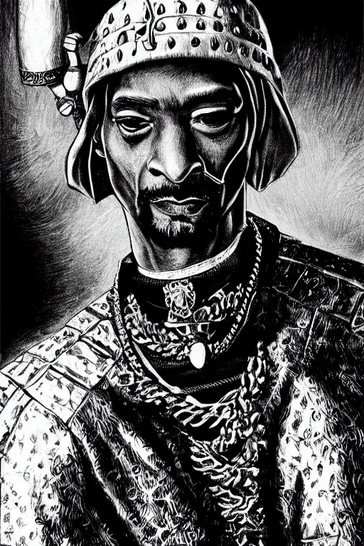 Image similar to Snoop Dogg as a knight, highly detailed, black and white, manga, art by Kentaro Miura