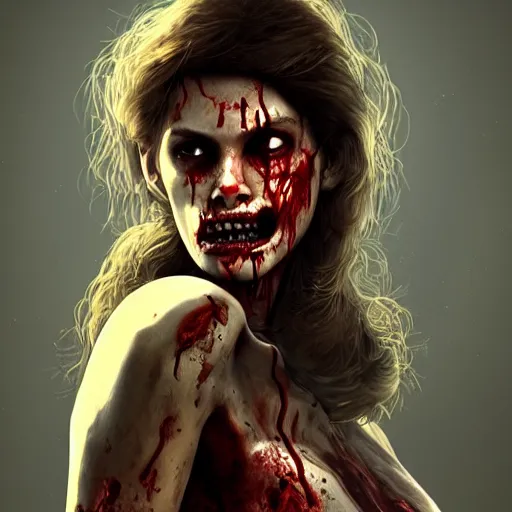 Prompt: portrait of young cindy crawford as a zombie with blood on face, 7 days to die zombie, strong golden rimlight, fine art, award winning, intricate, elegant, sharp focus, cinematic lighting, highly detailed, digital painting, 8 k concept art, art by guweiz and z. w. gu, masterpiece, trending on artstation, 8 k