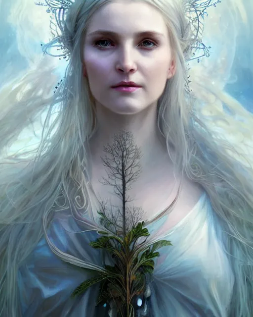 Image similar to realistic portrait of a beautiful white witch, crafting spells, bright witch, beautiful face, fantasy, chaos, magic, dark magic, dramatic lighting, intricate, wild, highly detailed, digital painting, artstation, concept art, smooth, sharp focus, illustration, art by artgerm and greg rutkowski and alphonse mucha, footage from space camera