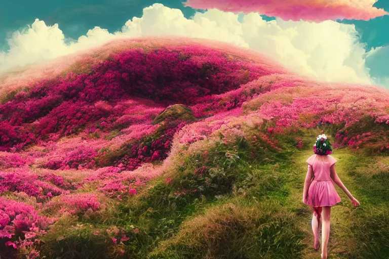 Prompt: giant dahlia flower crown head, girl walking on mountain, surreal photography, pink storm clouds, dramatic light, impressionist painting, digital painting, artstation, simon stalenhag