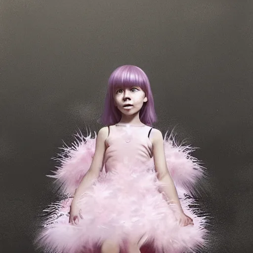 Image similar to little girl wearing an dress made of baby pink feathers, art by ilya kuvshinov, 8 k, concept art, gracious, realistic cgi