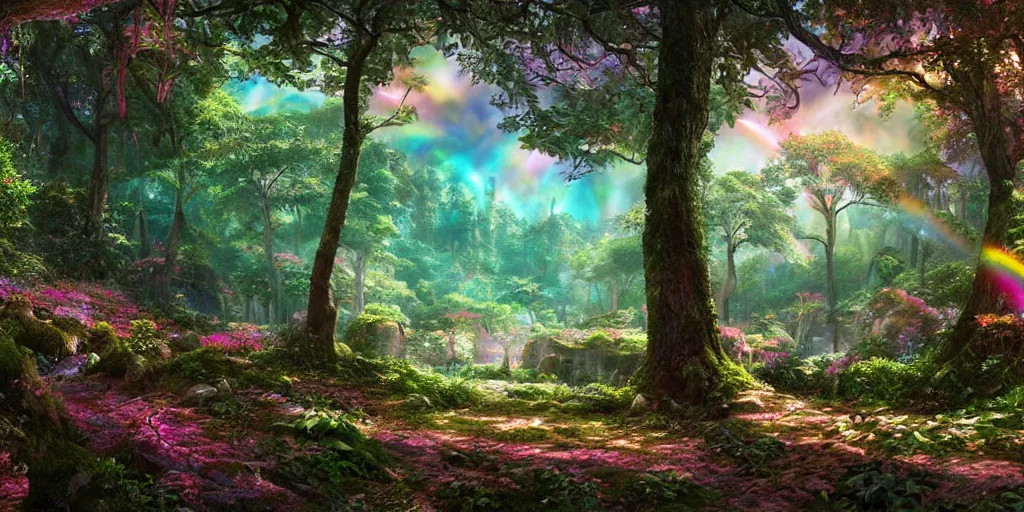 Prompt: the aesthetic view of the beautiful, grand, wistful, dreamy landscape of a hidden forest, hyperrealistic photograph, vaporwave rainbow colorful, extremely detailed, insanely intricate linework, super sharp focus, extremely bright colors, octopath traveler, unreal engine 5 highly rendered, global illumination, radiant light, detailed and intricate environment