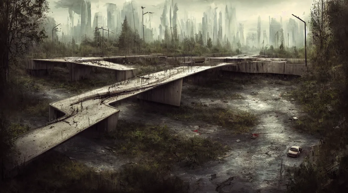 Image similar to post apocalyptic river bridge, morning, building, avenue, modern contemporary urban americana concrete architecture, by pascal blanche, neil blevins, apocalyptic color palette, trending on artstation, photorealistic, wilderness ambiance, ultra detailed, high definition, depth of field, bokeh, rubble, wild vegetation, blood stains, building crumbling