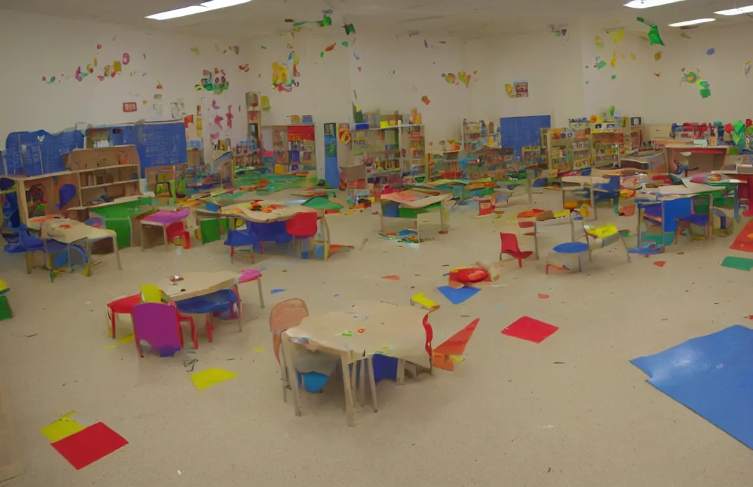 Prompt: an empty daycare at night