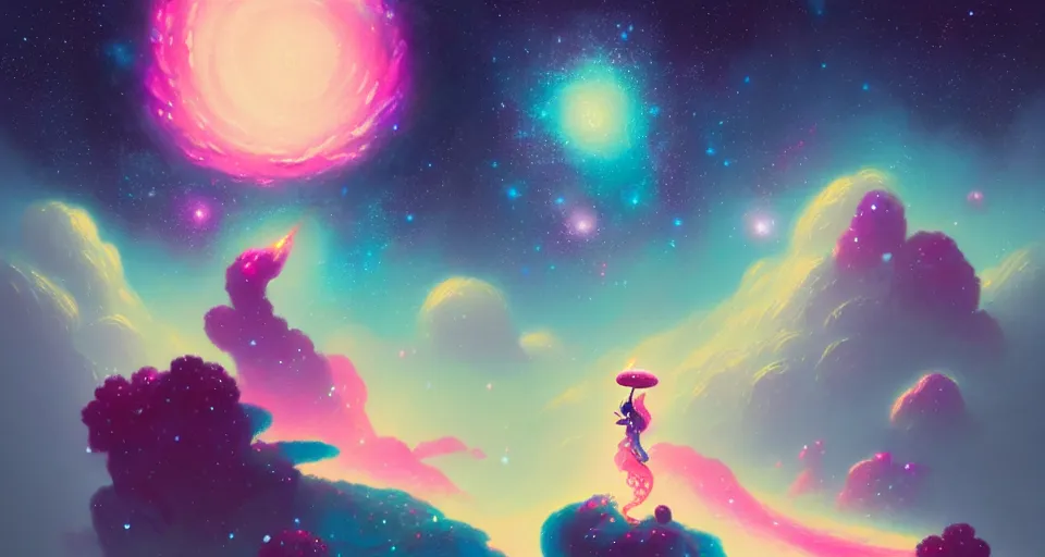 Image similar to milky way surrounded with spiriling sparkling rose crystals and galaxies, by peter mohrbacher, hyper light drifter color pallet, ukiyo - e trending on artstation