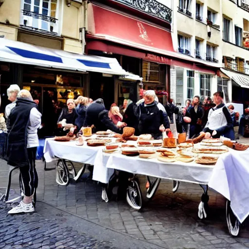 Image similar to dutch chefs impressing the French people with superior pancakes in a street in Paris