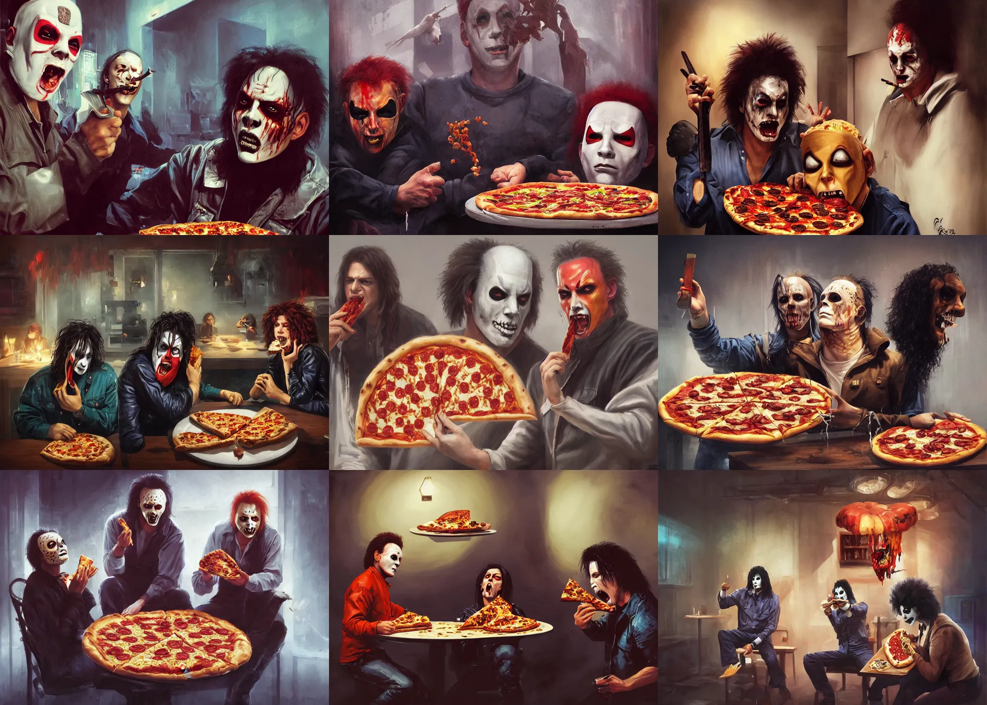 Prompt: portrait painting of Michael Myers and Glamrock Freddy eating a delicious pizza, tables, happy, charming, typical, picturesque, sharp focus, wide shot, trending on ArtStation, masterpiece, by Greg Rutkowski, by Ross Tran, by Fenghua Zhong, octane, soft render, oil on canvas, colorful, cinematic, environmental concept art
