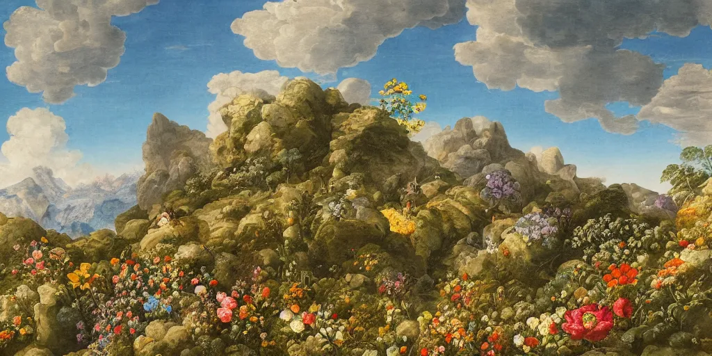 Prompt: mountain landscape with many flowers, by mahmoud sai and maria sibylla merian, intricate, sharp focus, detailed, lively colors, sky, water