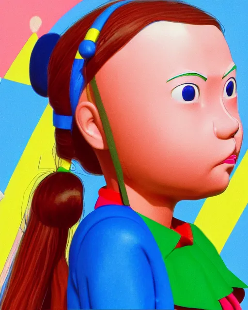 Prompt: closeup profile portrait of a tin toy greta thunberg as an anime schoolgirl, bikini, hyper realistic, artstation, illustration, edvard munch, wassily kandinsky, digital paint, matte paint, vivid colors, bright, cheerful, detailed and intricate anime school environment