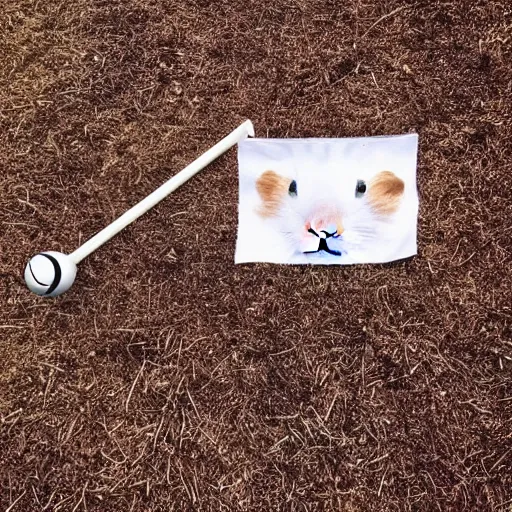 Image similar to “ hamster coming out of a golf hole, golf flag next to hole ”