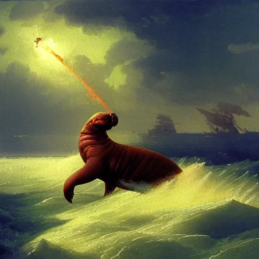 Image similar to Walrus jumping out of the ocean backwards wielding a flamethrower, volumetric lighting, RTX, neon lights, painting by Ivan Aivazovsky