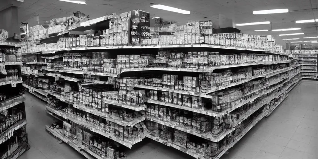 Prompt: a level of the backrooms ambientated in a supermarket. dark. liminal space. full of webs. big spiders hive. noise. vhs.