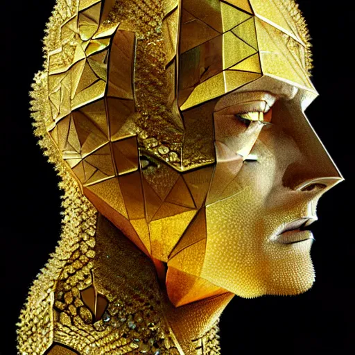 Prompt: halfturn crystal face, geometrical, fully made of golden crystals, half - turn, bottom view, ominous, intricate, architectural, geometrical, art by anthony macbain + greg rutkowski + alphonse mucha, concept art, 4 k, sharp focus