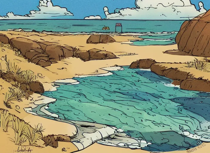 Prompt: illustration of a beach landscape, (inktober), line art, ((water color)), by Bill Waterson, By Jake Parker, by Brian Kesinger