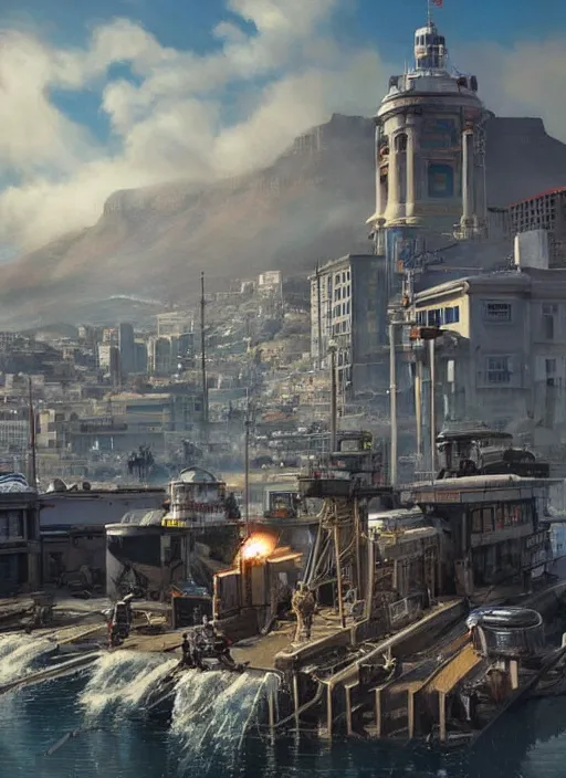 Image similar to hyper realistic robot attacking cape town city harbor beautiful details, strong composition, poster painted by weta studio rutkowski, james gurney and greg rutkowski, and lucasfilm