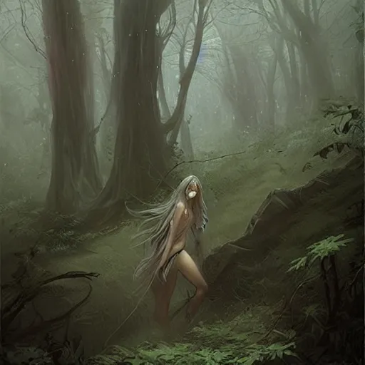 Image similar to a will o the wisp in misty woods, beautiful ethereal fantasy painting by artgerm and greg rutkowski