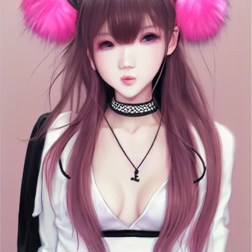 Image similar to realistic beautiful gorgeous natural cute Blackpink Lalisa Manoban pink hair cute fur pink cat ears, wearing white camisole summer outfit, headphones, black leather choker artwork drawn full HD 4K highest quality in artstyle by professional artists WLOP, Aztodio, Taejune Kim, Guweiz on Pixiv Artstation