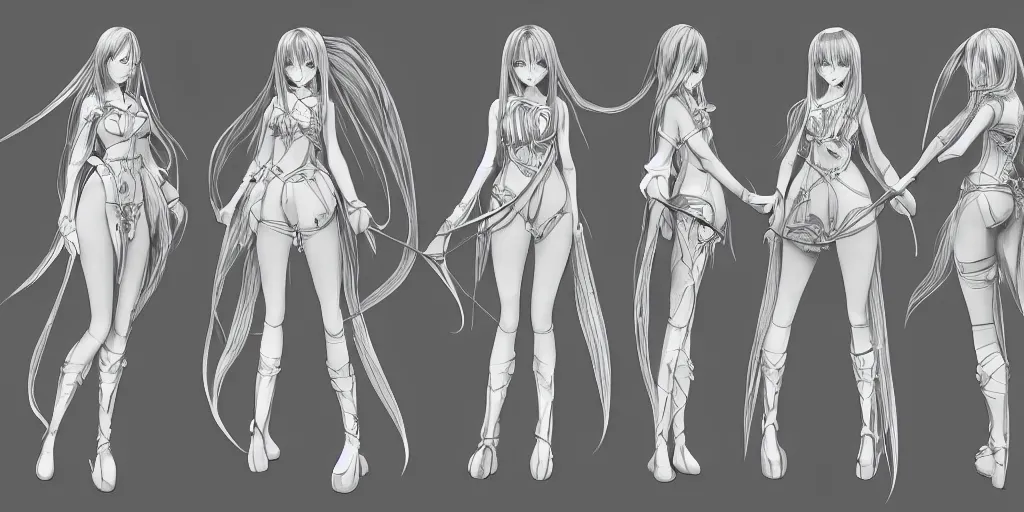 Image similar to anime woman, long hair, fantasy theme, front side/back/view character sheet, three views, lineart, varying thickness, manga pen, traditional art, Indian ink, in the style of Final Fantasy IX, 3D modeling concept sheet, white background, orthographic view