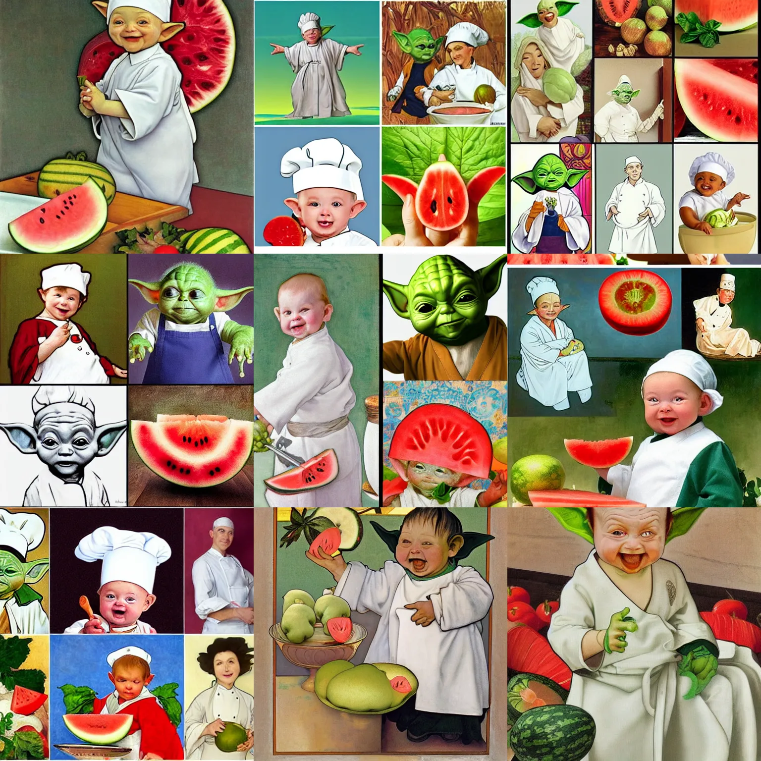 Prompt: happy baby yoda as a chef wearing a white apron and wearing a white chef's hat with watermelon, by Jan van Eyck, by alphonse mucha, by Noah Bradley, by Dr. Suess, by Anna Dittmann