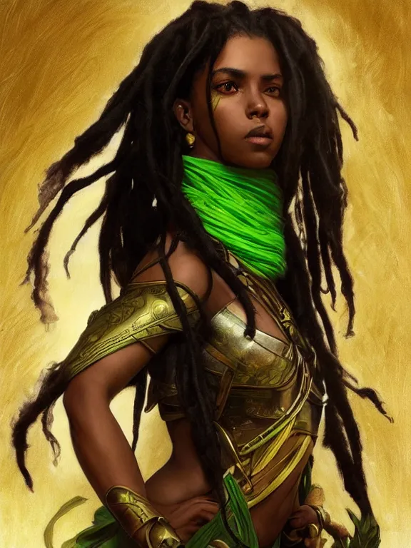 Prompt: portrait of combat dancer, female, black skin, pretty, green eyes, dreadlock black hair, high fantasy, arabian nights inspired, smooth, sharp focus, digital painting, by artgerm and greg rutkowski and alphonse mucha