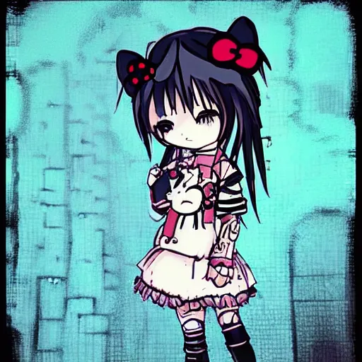 Image similar to punk little girl, profile picture, grunge fashion, reflection, cute artwork, inspired by made in abyss, hello kitty art style gothic style