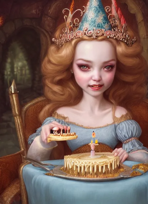 Image similar to highly detailed closeup portrait of a grinning fairytale medieval princess eating birthday cake, unreal engine, nicoletta ceccoli, mark ryden, lostfish, earl norem, global illumination, god rays, detailed and intricate environment