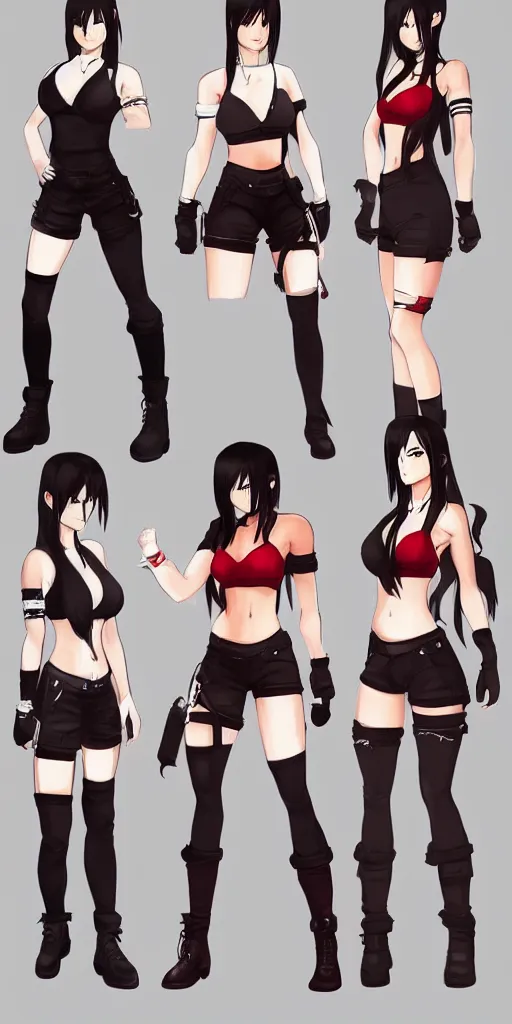 Image similar to stylised concept art of tifa lockhart in alternate outfits, trending on artstation