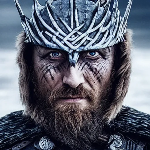 Image similar to profile photo of the night king in a dark viking hood playing odin all father from the thor movie, highly detailed, cinematic shot, cinematic lighting, 8 k, exquisit facial detail