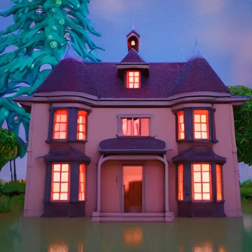 Image similar to disney movie old haunted house, slime oozing out of the windows, cartoon pixar style, anime volumetric lighting, 3d model pixar render