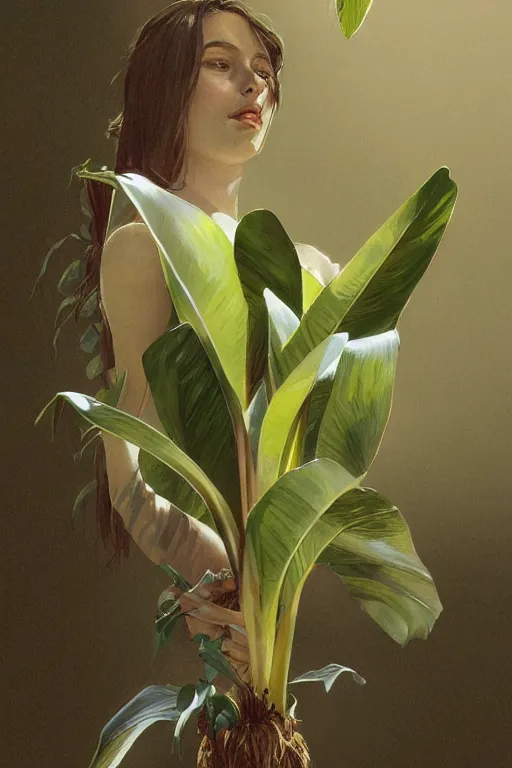 Image similar to ultra realistic illustration, singular, banana plant drawing isolated and closeup, background is white and blank, elegant, highly detailed, digital painting, concept art, smooth, sharp focus, illustration, art by greg rutkowski and alphonse mucha