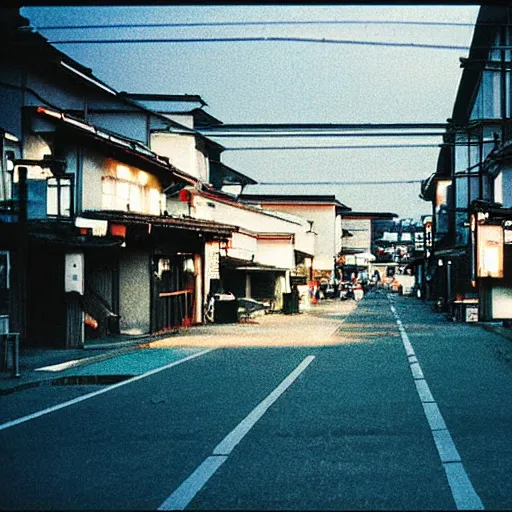 Image similar to a 90s grainy photograph of a japanese town, afternoon