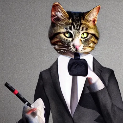 Image similar to a high quality photo of a cat wearing a suit and smoking, render, ultra realistic, cgsociety