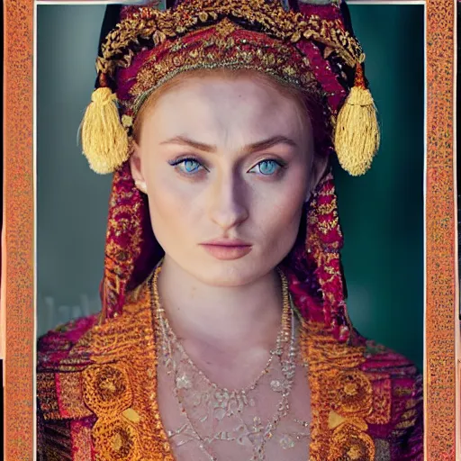 Image similar to 3 5 mm coloured film portrait of sophie turner as javanese bride, hyperrealism, photorealistic, detailed, atmospheric, 8 k, award winning photography, cinematic