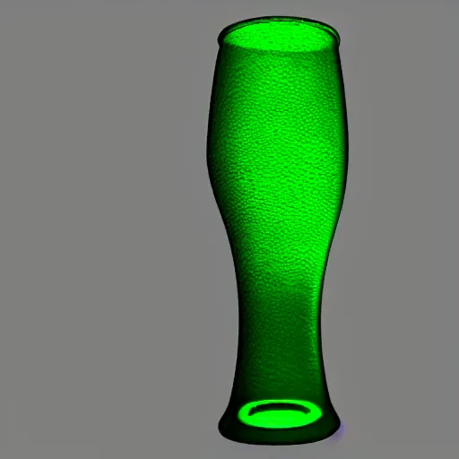 Prompt: a 3 d model of a green glowing glass of beer made in cad, the textures are very low resolution, gray - striped background