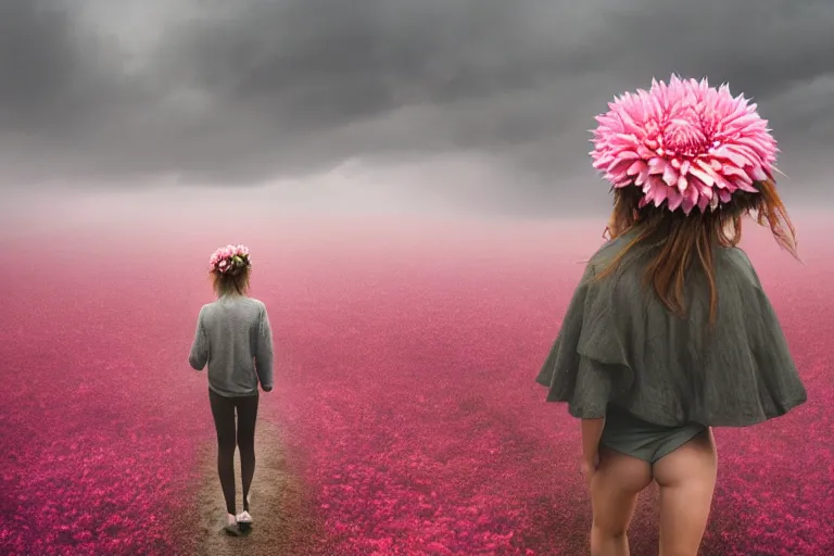 Image similar to giant dahlia flower crown under head, girl walking on mountain, surreal photography, pink and grey storm clouds, dramatic light, impressionist painting, digital painting, artstation, simon stalenhag