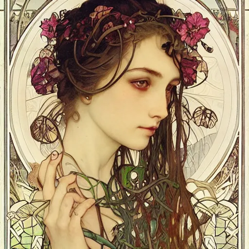 Prompt: realistic detailed face portrait of a beautiful young swamp witch with lotus flowers in her hair by Alphonse Mucha, Ayami Kojima, Amano, Charlie Bowater, Karol Bak, Greg Hildebrandt, Jean Delville, and Mark Brooks, Art Nouveau, Neo-Gothic, gothic, rich deep moody colors