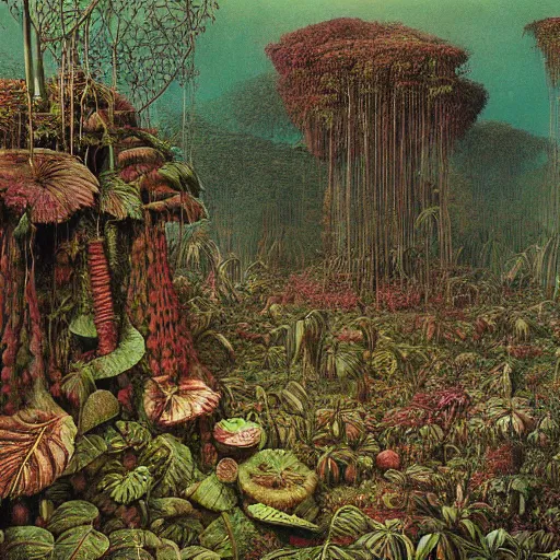 Prompt: a jungle full of strangely colored plants and fruits, high detail, painted by beksinski