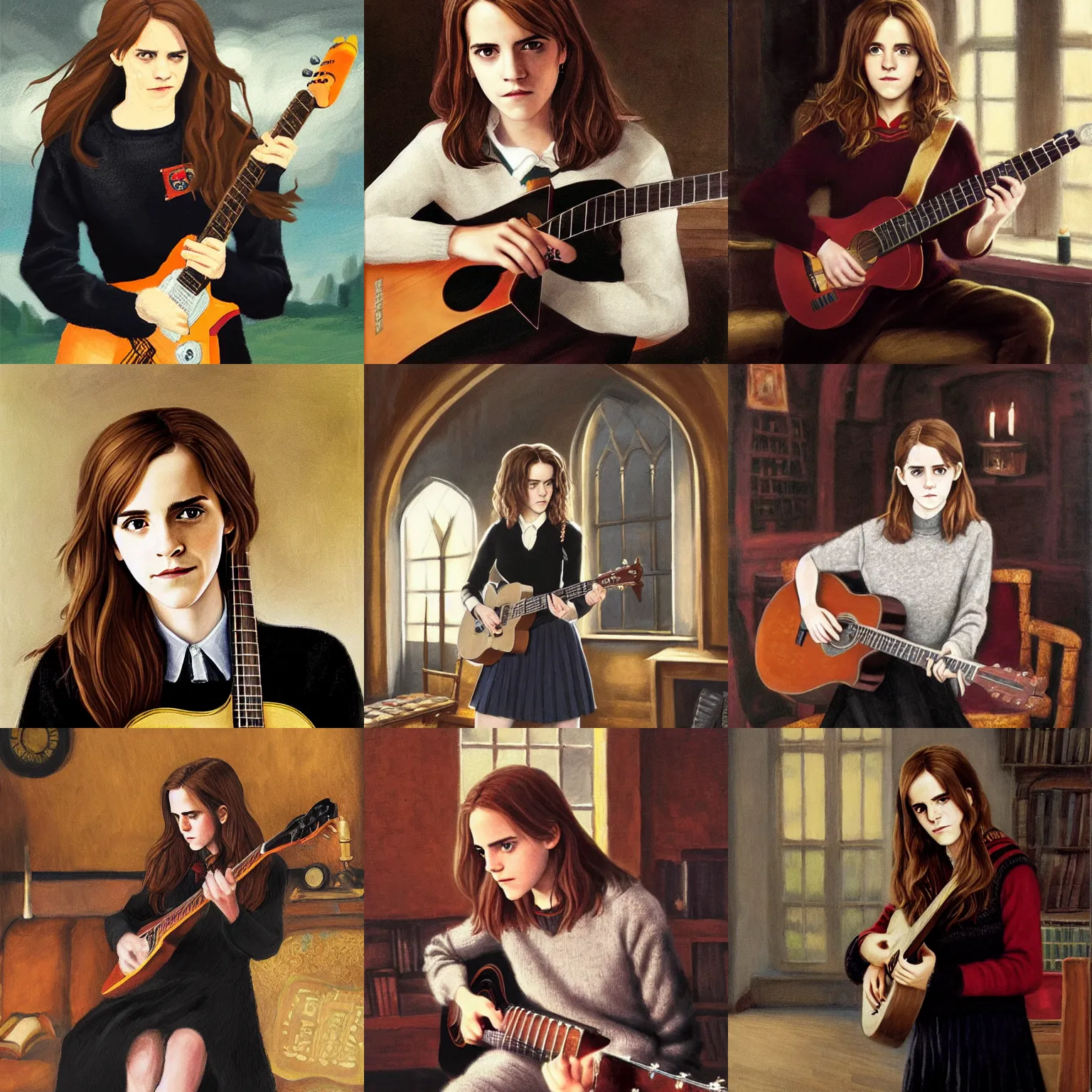 Prompt: Hermione Granger/Emma Watson wearing a black sweater, playing a guitar, in the Gryffindor common room, portrait oil painting by Hiroshi Yoshida
