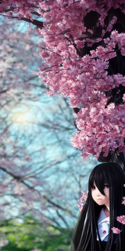 Image similar to a beautiful detailed render of an attractive japanese female with long black hair covering part of her face and wearing a seifuku, standing next to a beautiful cherry blossom tree, centered, trending on artstation and deviantart and behance, extreme detailing, dim dusk lighting, cinematic lighting, detailed lighting, volumetric lighting, realistic, f 8, 4 k hd wallpaper