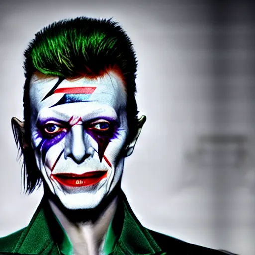 Prompt: David Bowie as The Joker, photo, full body, HD, ultra realistic