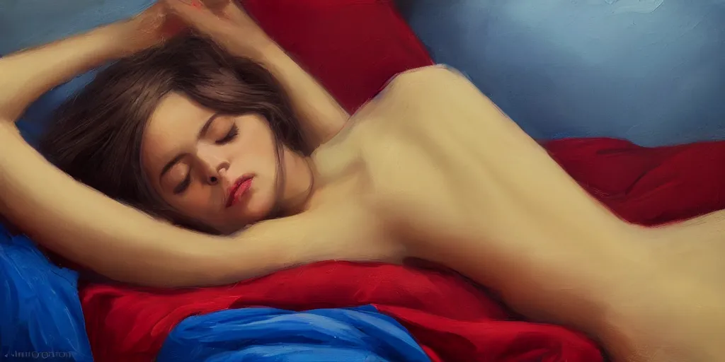 Prompt: beautiful oil matte portrait painting, young woman with closed eyes lying on a red bedsheet with blue pillows wearing a mustard yellow dress, detailed face, wonderful masterpiece highly detailed, beautiful cinematic light deep focus, elegant, digital painting, smooth, sharp focus, golden ratio, dramatic illumination, ultra realistic, 8 k, art by jimmy law