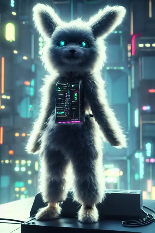 Image similar to high quality 3 d render very cute fluffy cyborg!! dog! plays synthesizer, cyberpunk highly detailed, unreal engine cinematic smooth, in the style of blade runner & detective pikachu, hannah yata charlie immer, moody light, low angle, uhd 8 k, sharp focus