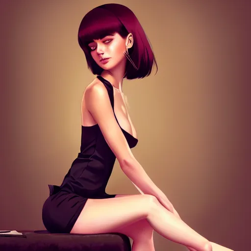 Prompt: sexy girl in a low cut blouse and short skirt, seductive pose, shoulder-length hair, ribbon in her hair, earrings, sitting on a bed. highly detailed, digital painting, in the style of ross tran and ilya kuvshinov, high definition digital art