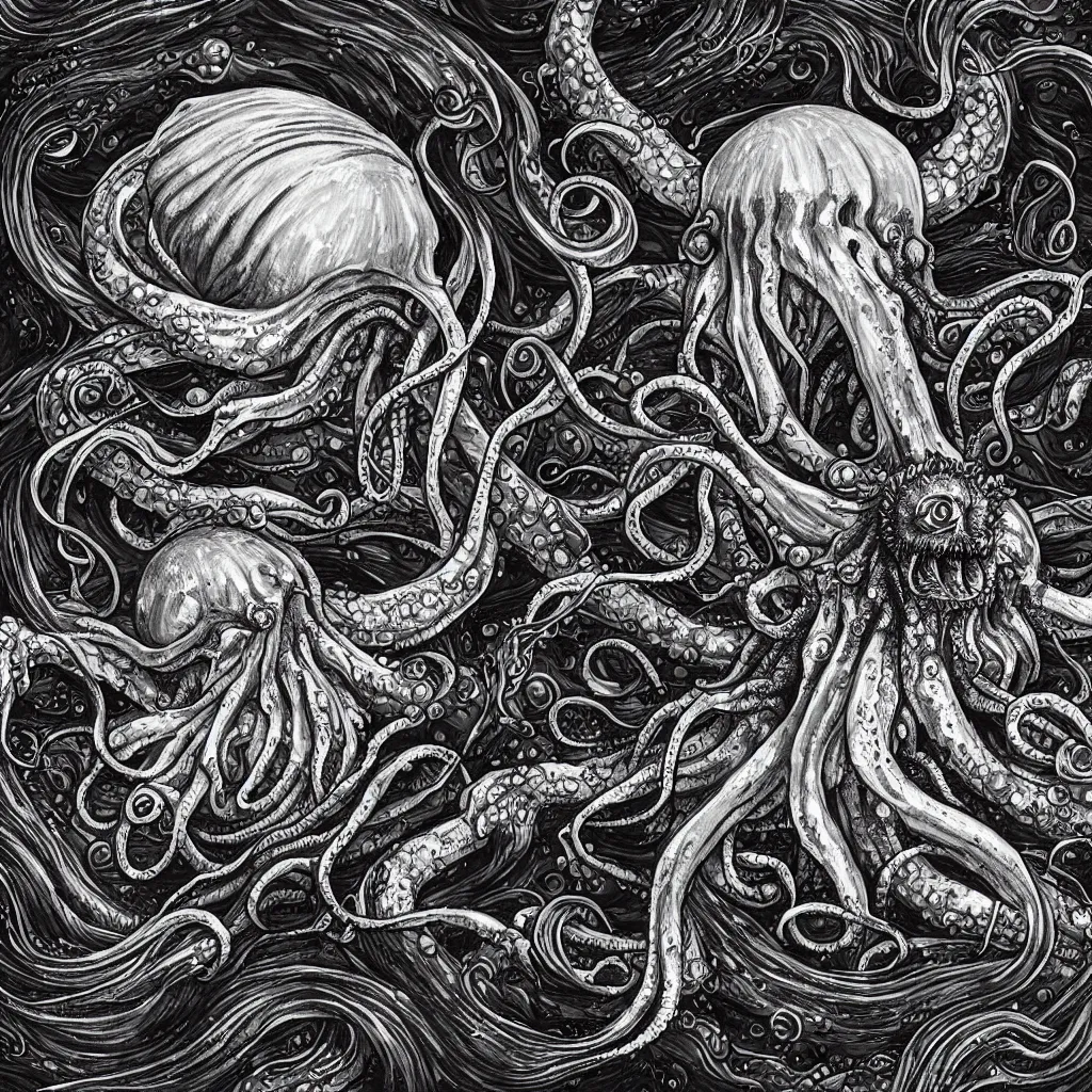 Image similar to close-up macro portrait of a Cthulhu versus the kraken and other fantastical sea creatures, epic angle and pose, ribcage bones, tenticles, symmetrical artwork, 3d with depth of field, blurred background, cybernetic jellyfish female face skull phoenix bird, translucent, nautilus, energy flows of water, bubbles, a highly detailed epic cinematic battle concept art CG render. made in Maya, Blender and Photoshop, octane render, excellent composition, cinematic dystopian brutalist atmosphere, dynamic dramatic cinematic lighting, aesthetic, very inspirational, arthouse. Greg Rutkowski, Ilya Kuvshinov, WLOP, Stanley Artgerm Lau, Ruan Jia and Fenghua Zhong