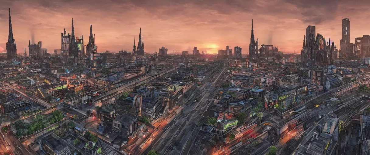 Image similar to digital concept art of dystopian, gothic berlin, high quality, high detail, in the style of Ian Hubert, megacity surrounded by huge impenetrable walls, large hero buildings in the middle towering above the others, tram stations, metro, vivid colours, sunset time, blender render