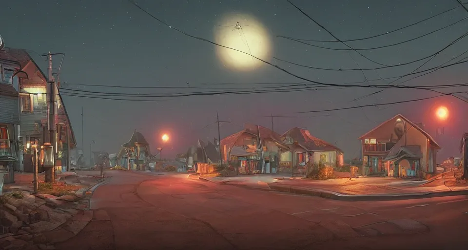 Image similar to a quaint suburban street at night colossal maschinen krieger looms in the distance, realistic rendering, unreal engine, 4k, hdr, high dynamic range, f12, by simon stalenhag