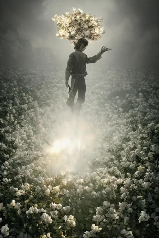 Image similar to Surreal Cernunos Floating in the air, in the middle of a garden of white roses in flames, Cinematic lighting, insanely detailed, mist, trending on artstation, golden ratio, ultra super good 3D render by Pete Morbacher