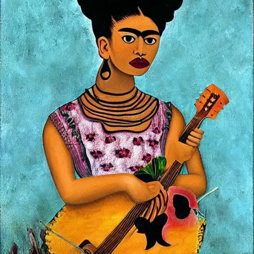 Image similar to guitar made out of human skin decaying with flowers in a frida kahlo painting style