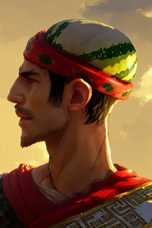 Prompt: a mix of a watermelon and a greek king, intricate, headshot, key visual, conceptart, ambient lighting, highly detailed, digital painting, artstation, concept art, sharp focus, by makoto shinkai and akihiko yoshida and greg manchess